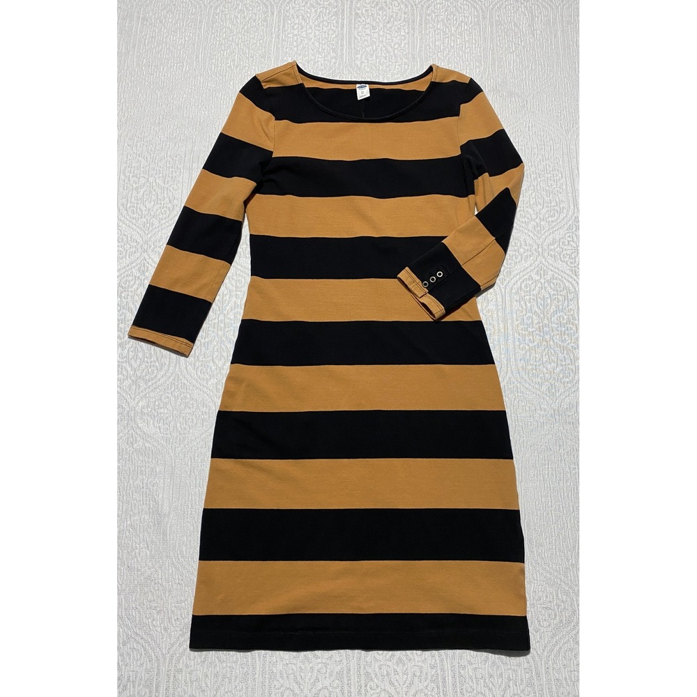 Old Navy Womens XS Camel Black Bold Stripe 3/4 Sleeve Scoop Neck Sheath Dress